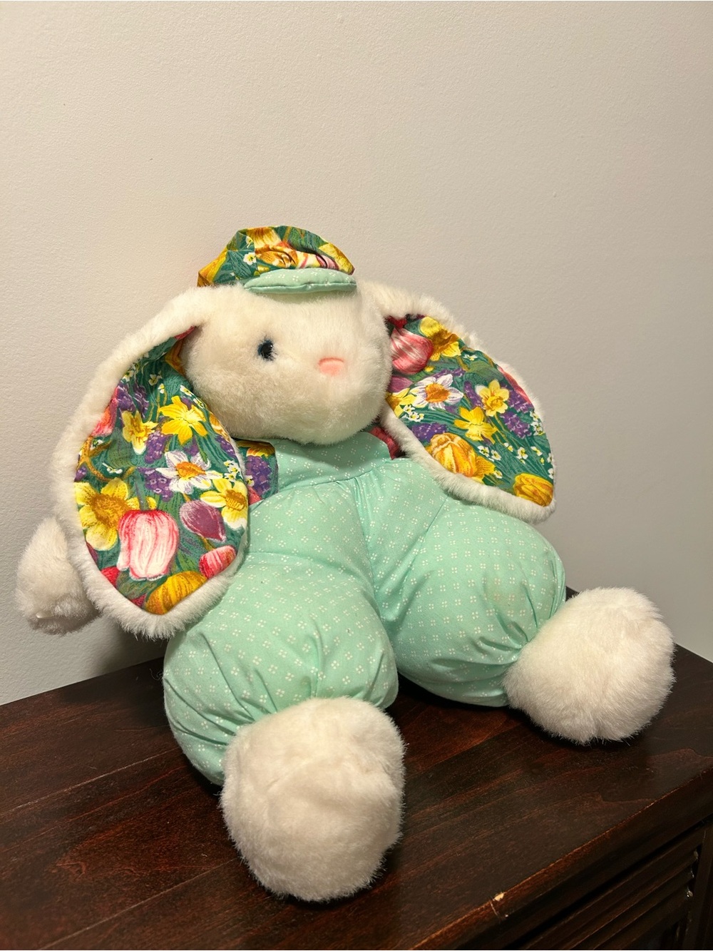 Vintage MTY International Easter Bunny Plush Mint Floral Overalls
